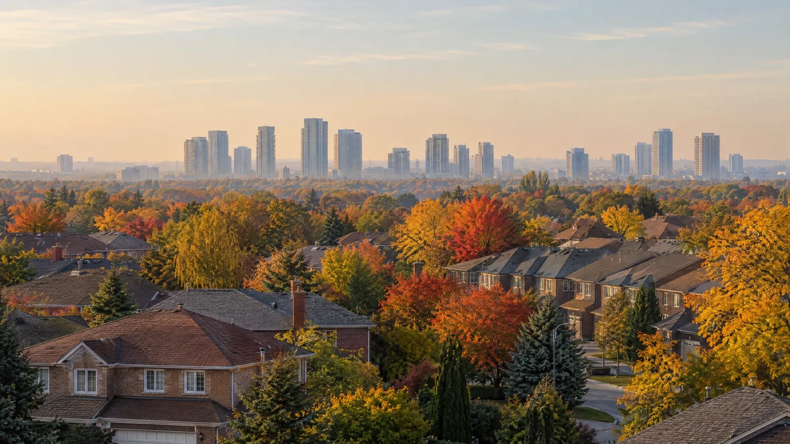 Autumn view over the rooftops of brick suburban houses and red and gold trees, with a row of condo towers on the hazy horizon