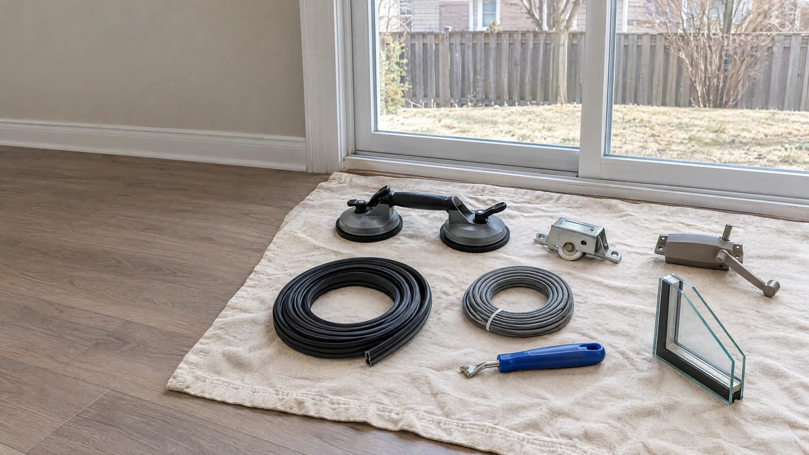 Window and patio door repair parts on a drop cloth in front of a townhouse sliding door