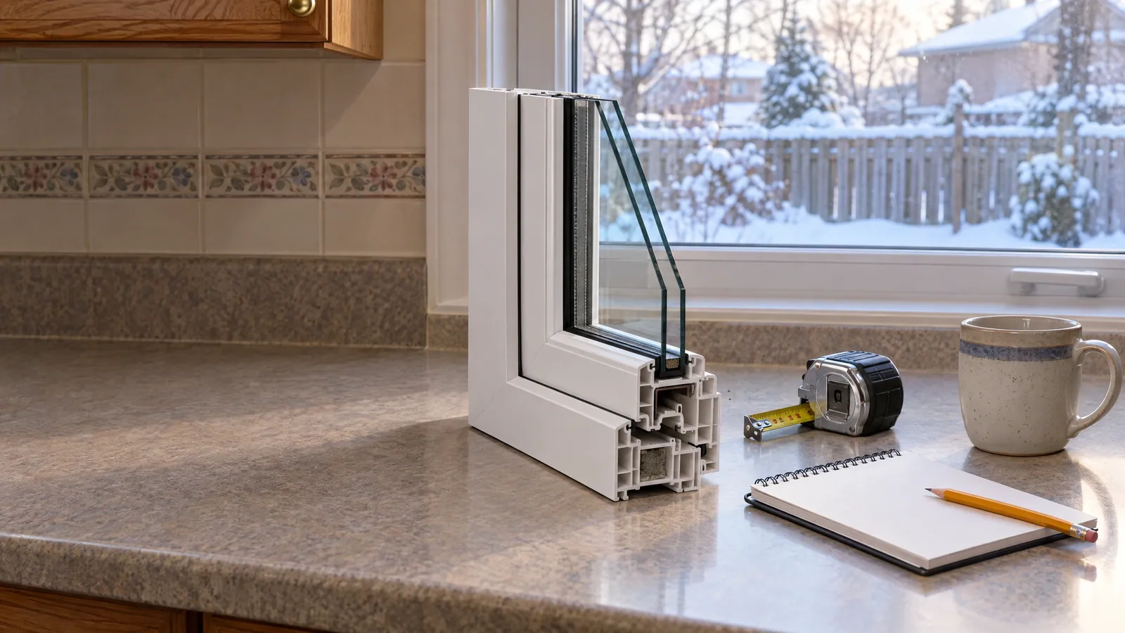 Cut-away corner of a white vinyl window frame with a double-pane sealed unit, beside a tape measure and notebook on a kitchen counter, snow outside